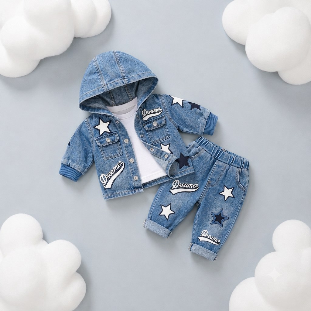 Dreamer Star Denim Jacket & Pants Set for Baby Boys 🌟 Premium 3-Piece Co-ord Set | 4 Colors Available