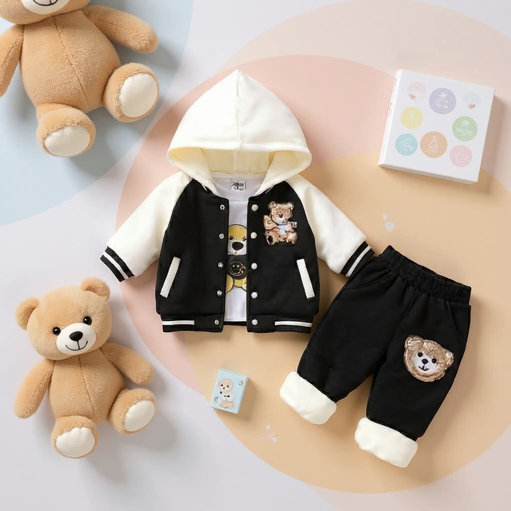 🧸 Cute Teddy Hoodie Boys 3-Piece Co-ord Set 👕✨
