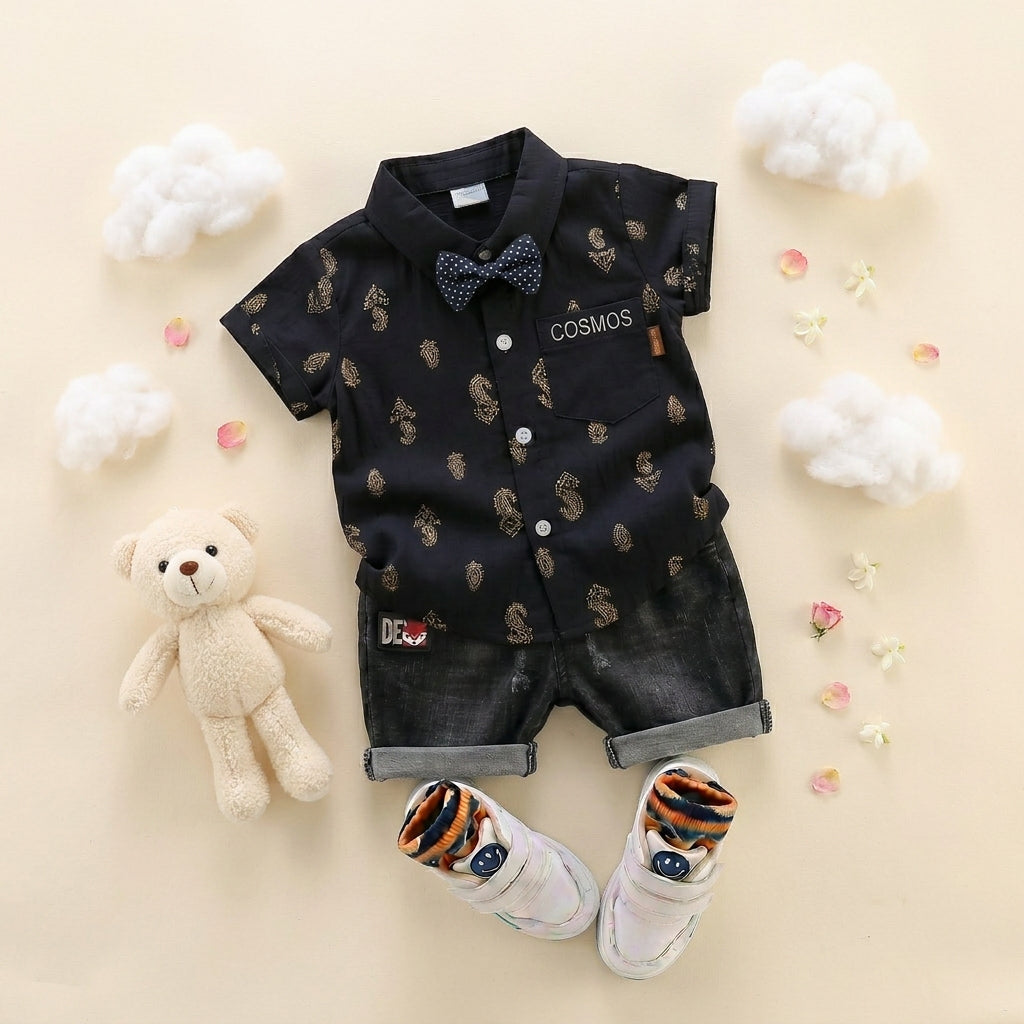 Baby Boys Formal Summer Outfit Set with Bow Tie & Shorts – Available in White, Black & Sky Blue