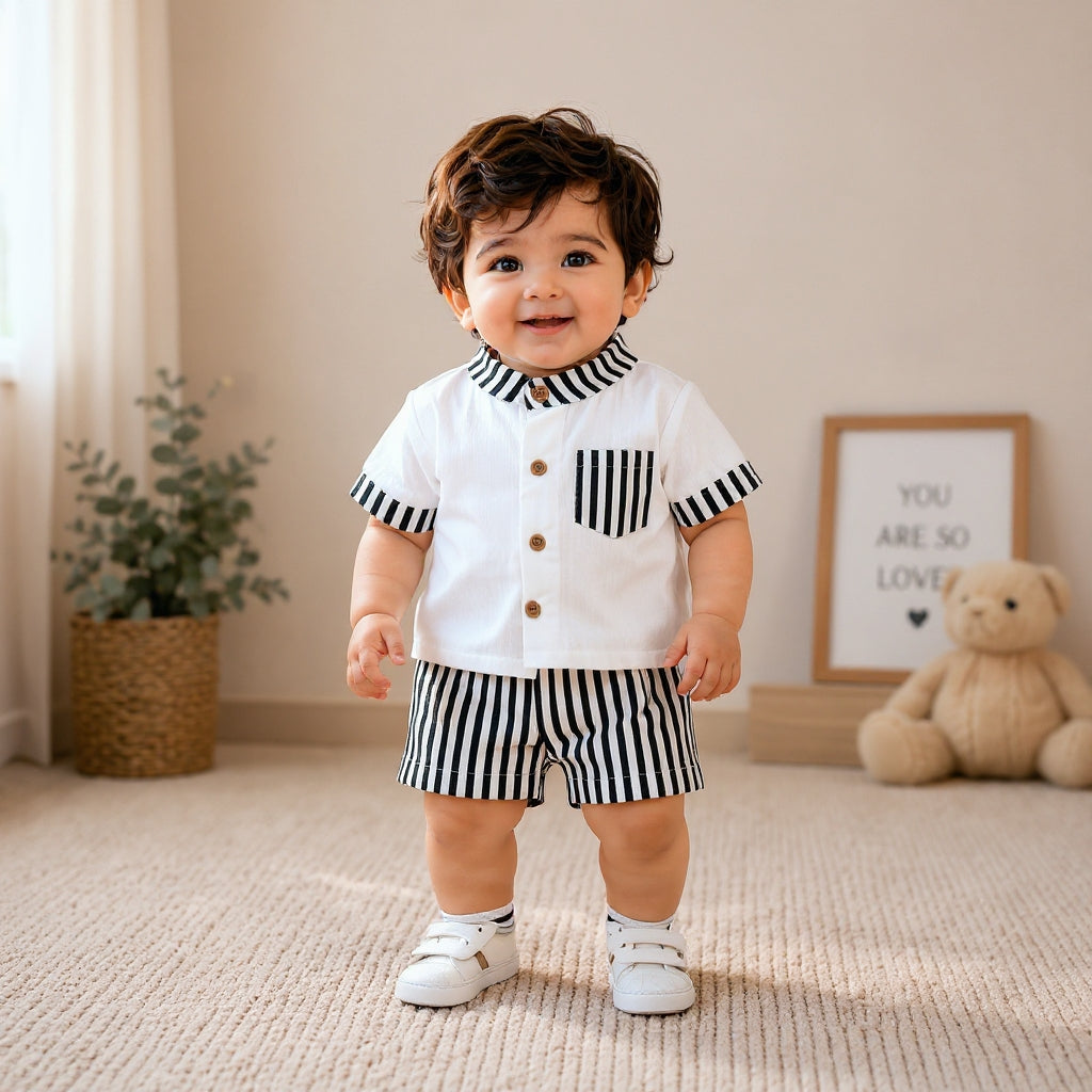 Stylish Kids Summer Co-ord Set | Black & White Striped Half Sleeve Shirt & Shorts Outfit