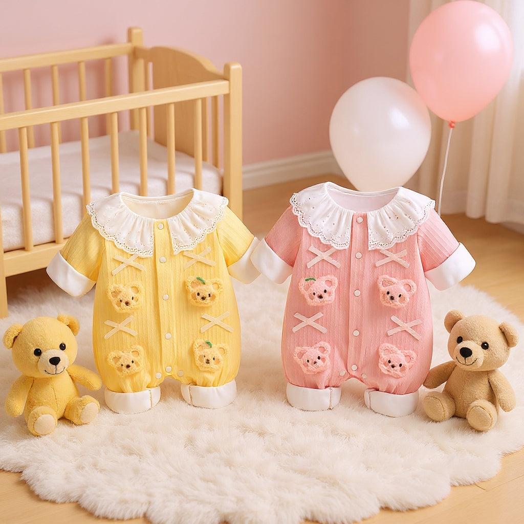 Summer Journey Baby Romper – Pink, Light Yellow & Beige Cute Teddy Cotton Outfit