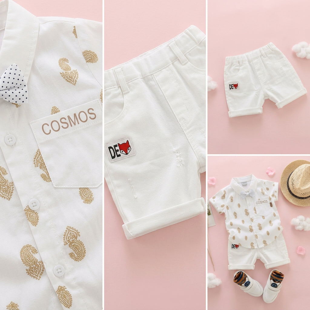 Baby Boys Formal Summer Outfit Set with Bow Tie & Shorts – Available in White, Black & Sky Blue