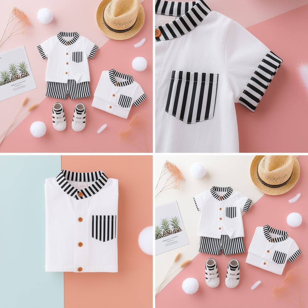 Stylish Kids Summer Co-ord Set | Black & White Striped Half Sleeve Shirt & Shorts Outfit