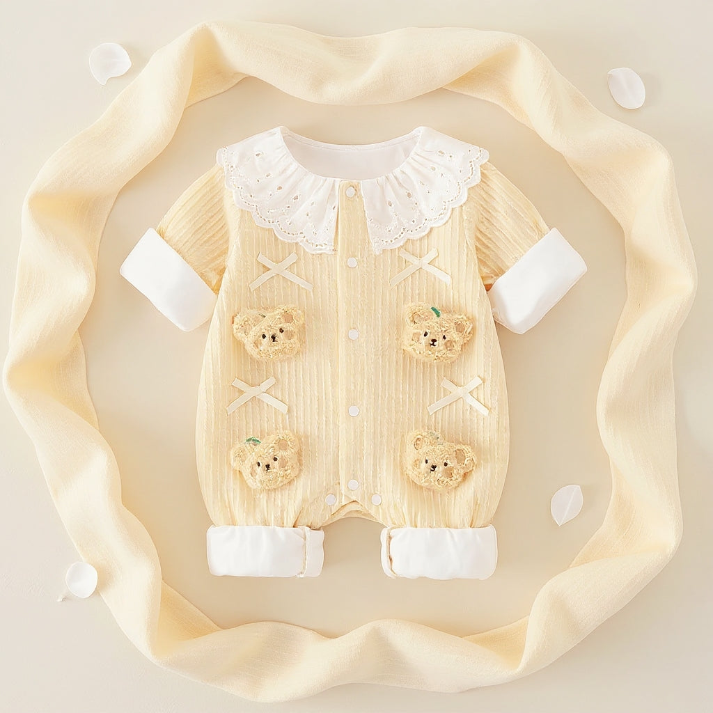 Summer Journey Baby Romper – Pink, Light Yellow & Beige Cute Teddy Cotton Outfit