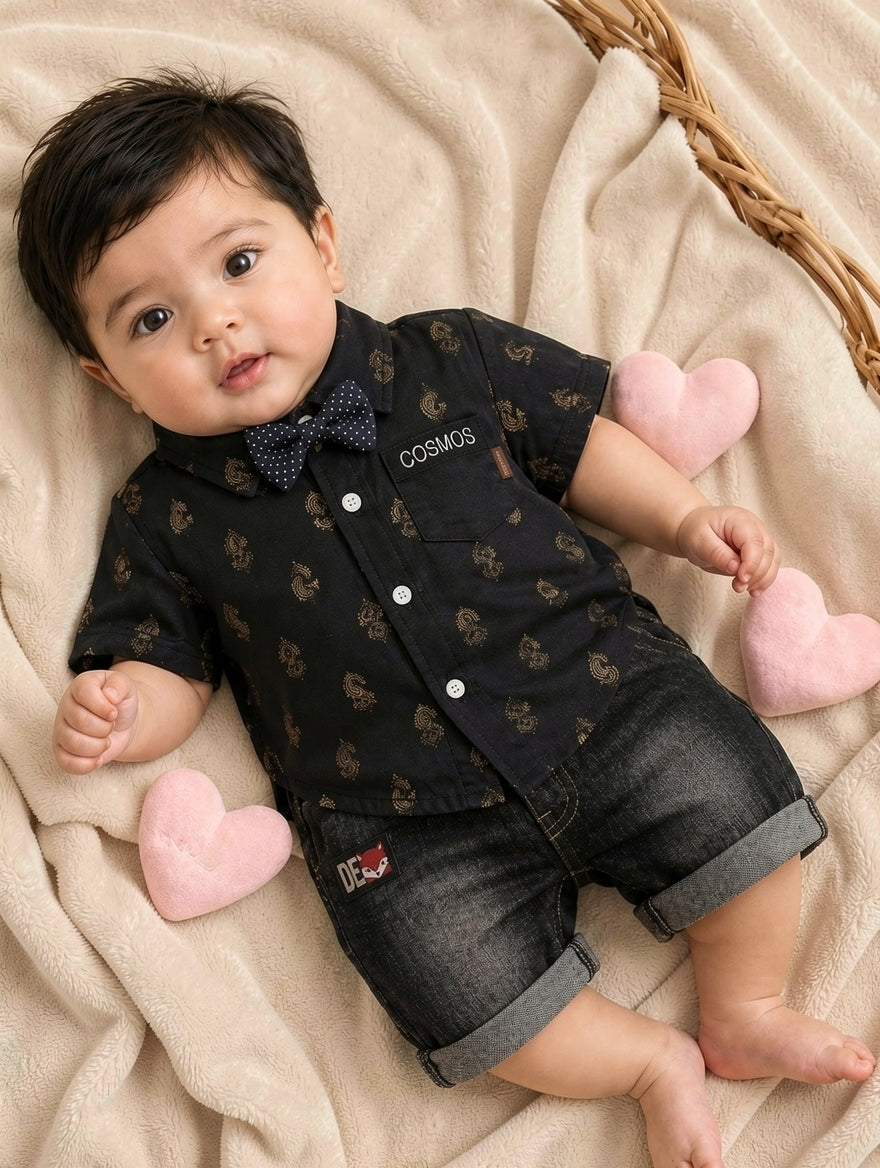 Baby Boys Formal Summer Outfit Set with Bow Tie & Shorts – Available in White, Black & Sky Blue