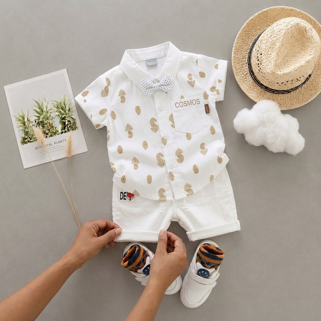 Baby Boys Formal Summer Outfit Set with Bow Tie & Shorts – Available in White, Black & Sky Blue
