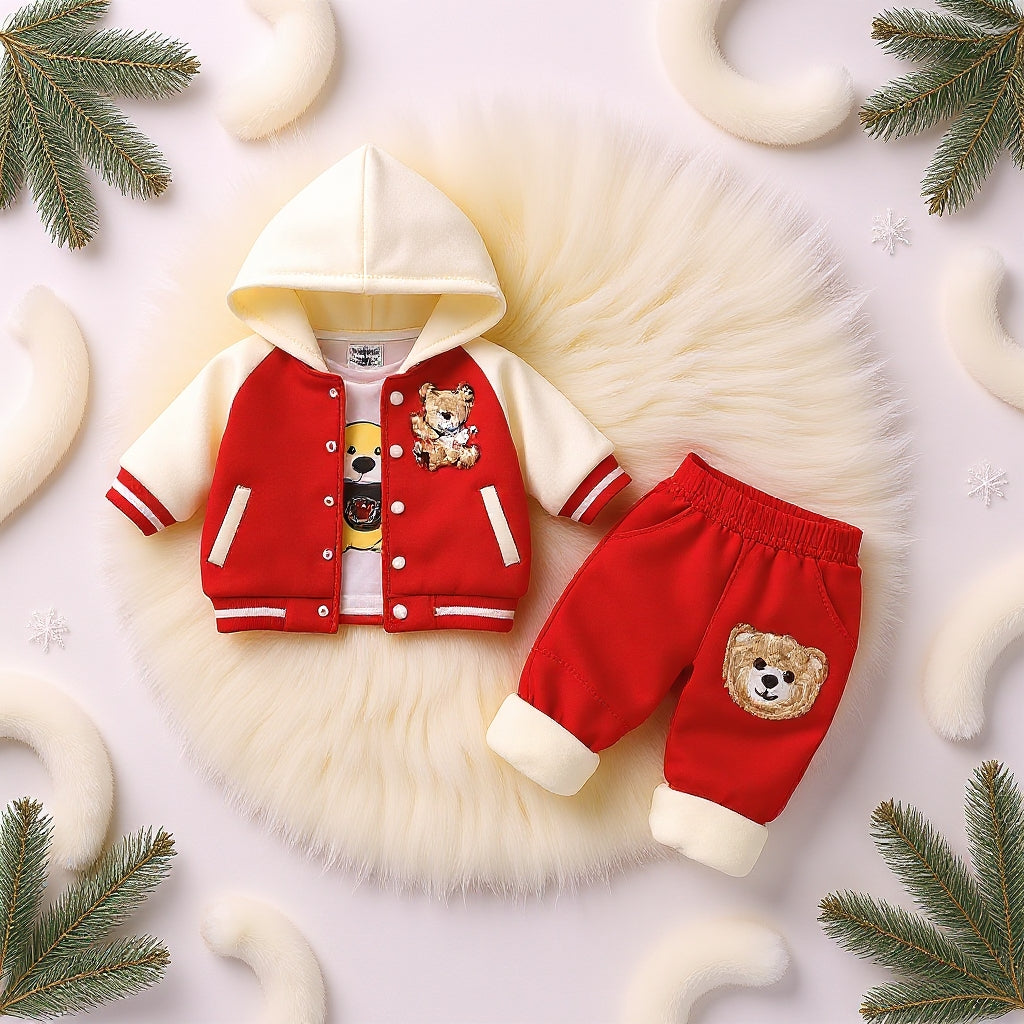 🧸 Cute Teddy Hoodie Boys 3-Piece Co-ord Set 👕✨