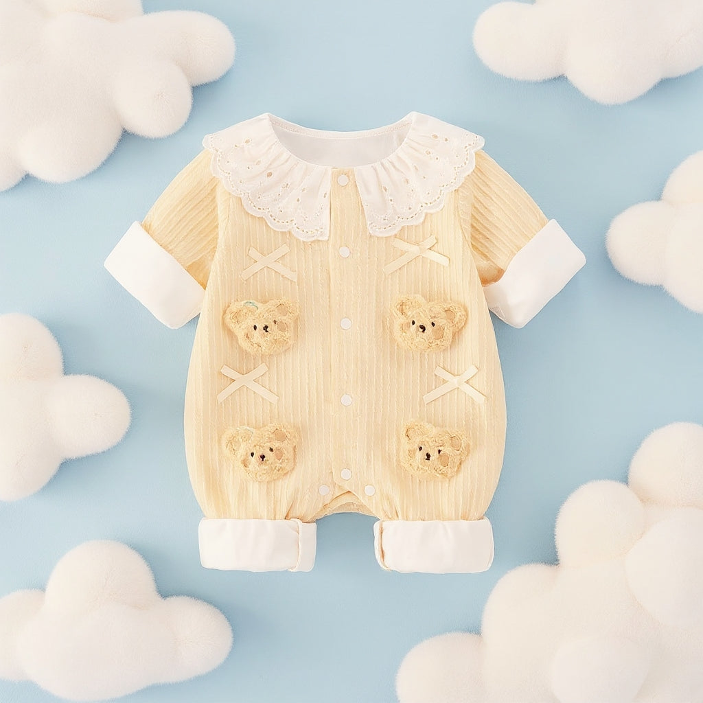 Summer Journey Baby Romper – Pink, Light Yellow & Beige Cute Teddy Cotton Outfit