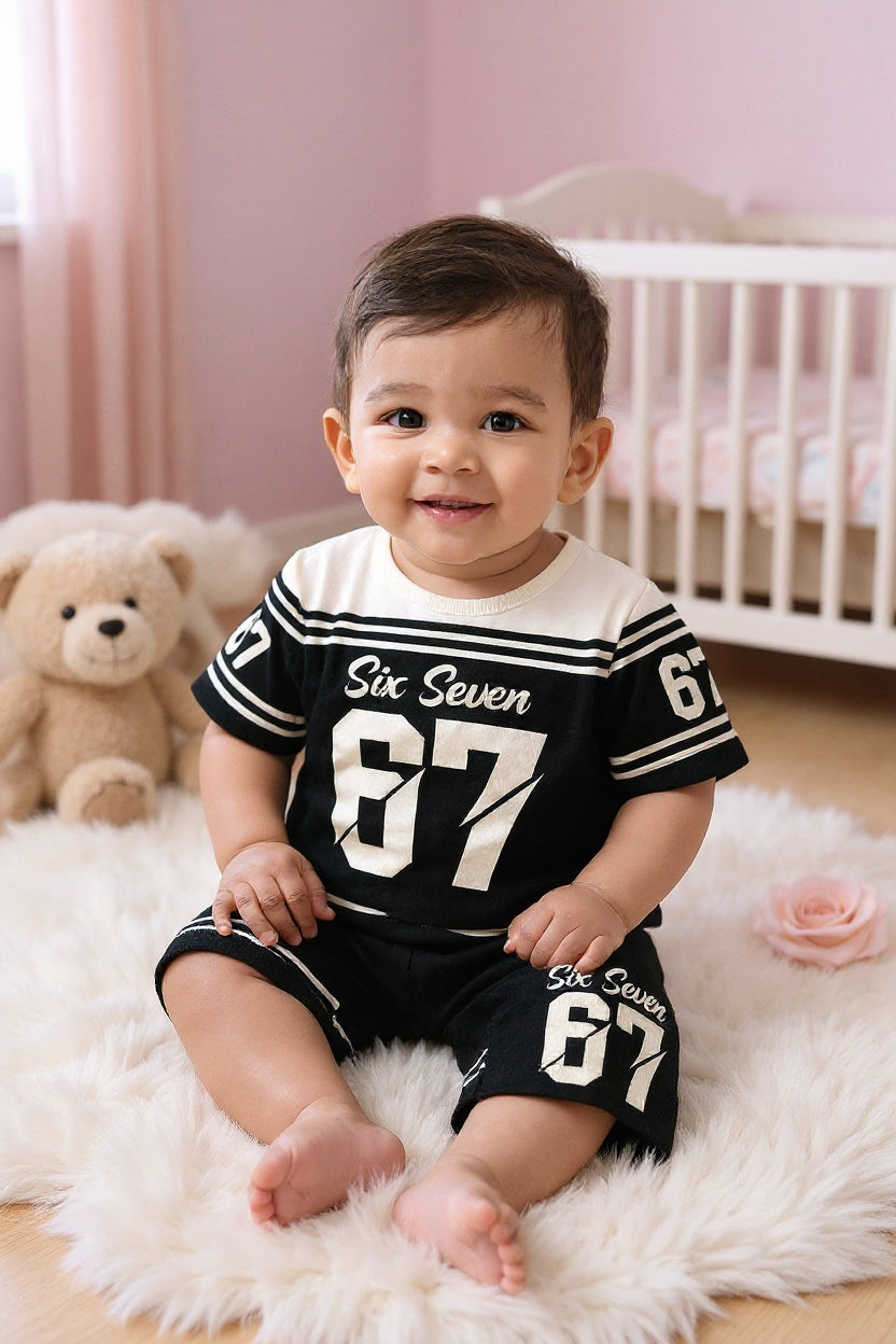 Cute Six Seven 67 Kids Summer Co-Ord Set | Soft Cotton T-Shirt & Shorts Outfit for Boys & Girls