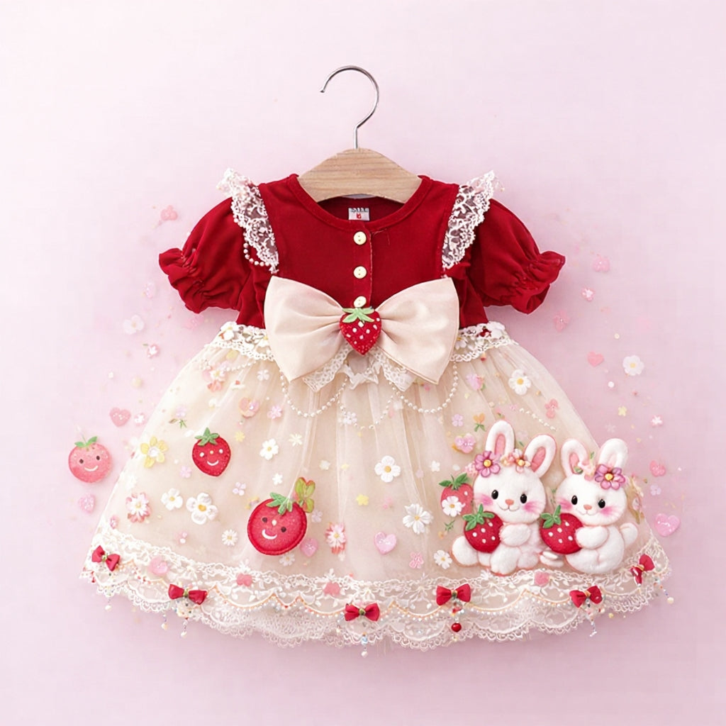 🍓 Cute Bunny Strawberry Baby Girl Party Dress 🎀