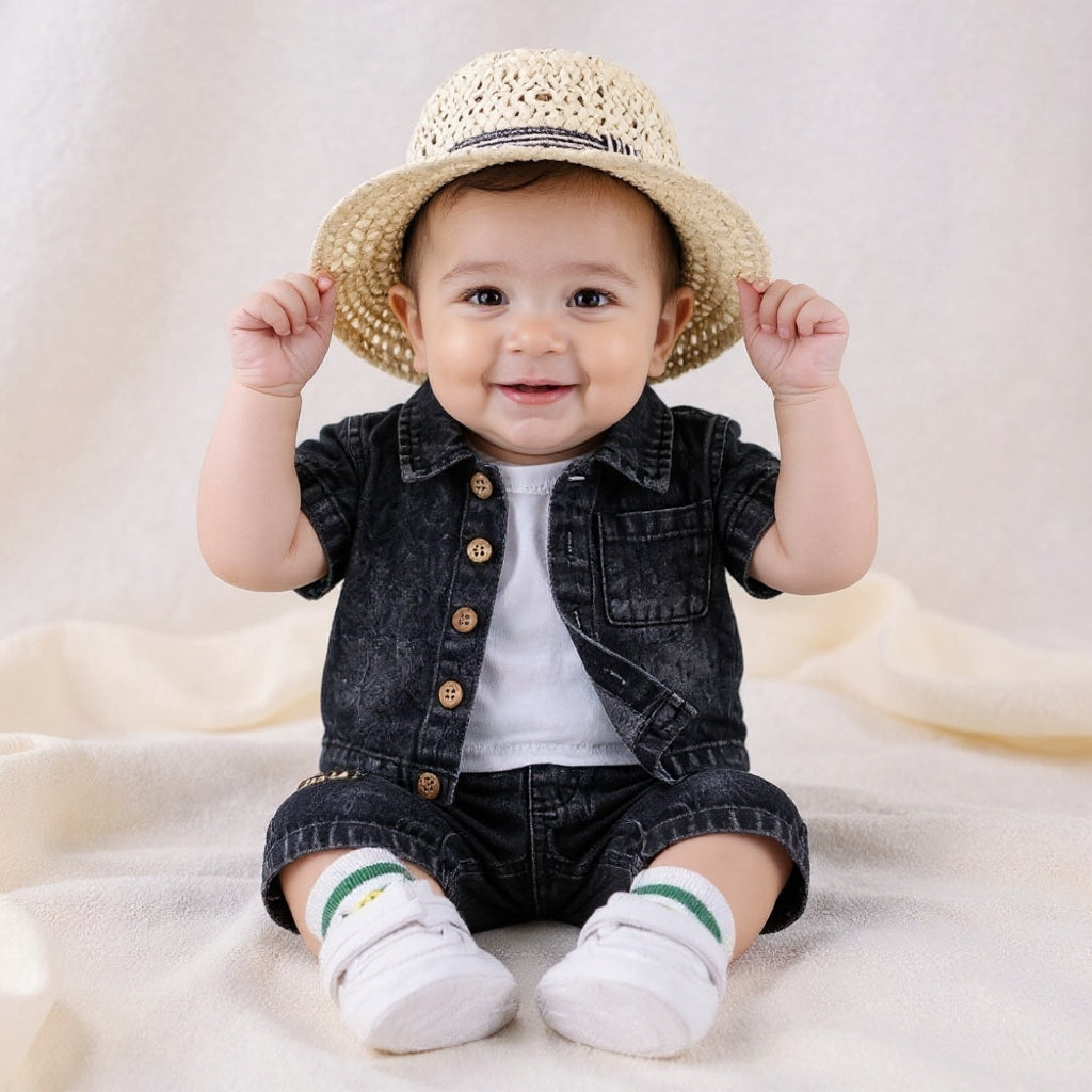Baby & Kids Denim Co-ord Set | Shirt + T-Shirt + Shorts | Unisex (8M–5Y)