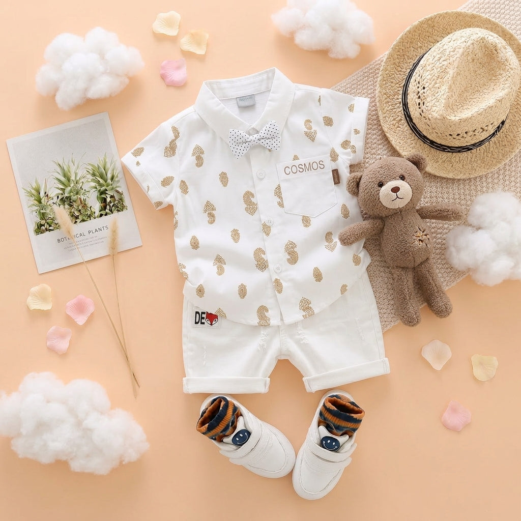 Baby Boys Formal Summer Outfit Set with Bow Tie & Shorts – Available in White, Black & Sky Blue