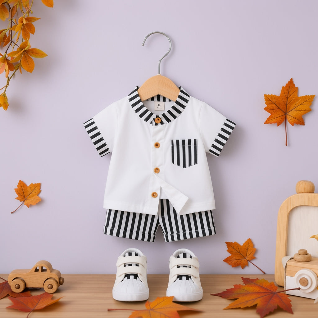 Stylish Kids Summer Co-ord Set | Black & White Striped Half Sleeve Shirt & Shorts Outfit