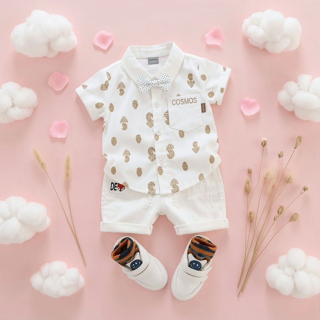 Baby Boys Formal Summer Outfit Set with Bow Tie & Shorts – Available in White, Black & Sky Blue
