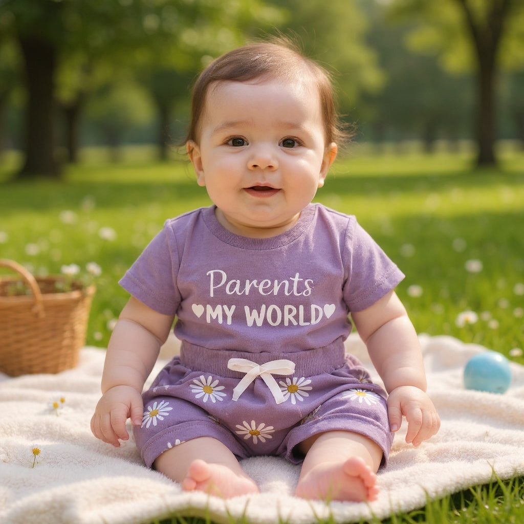 🌸 Parents My World Kids Summer Co-Ord Set 💖 | Soft Cotton T-Shirt & Daisy Shorts Combo (3 Colors, 0–5 Years)
