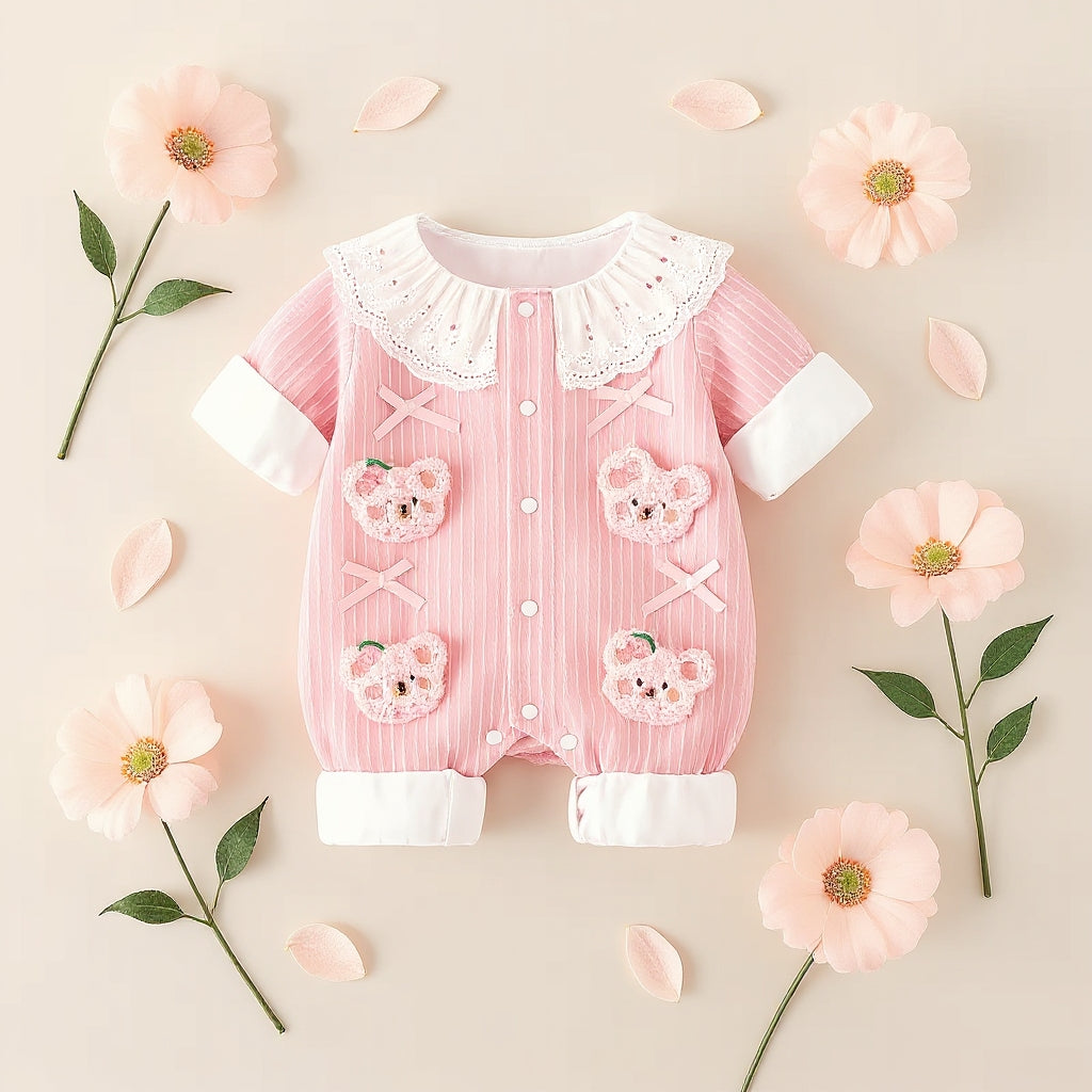 Summer Journey Baby Romper – Pink, Light Yellow & Beige Cute Teddy Cotton Outfit