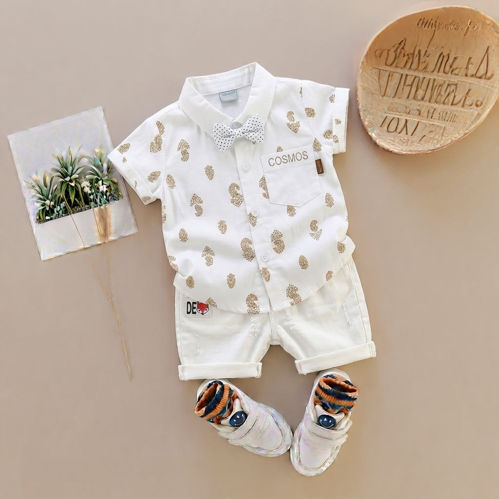 Baby Boys Formal Summer Outfit Set with Bow Tie & Shorts – Available in White, Black & Sky Blue