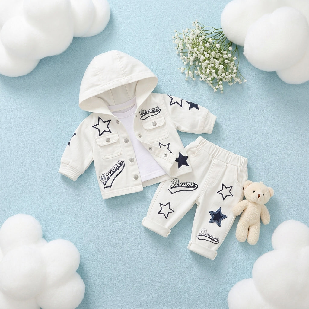 Dreamer Star Denim Jacket & Pants Set for Baby Boys 🌟 Premium 3-Piece Co-ord Set | 4 Colors Available
