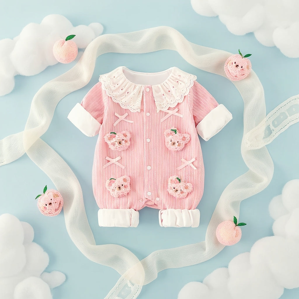 Summer Journey Baby Romper – Pink, Light Yellow & Beige Cute Teddy Cotton Outfit