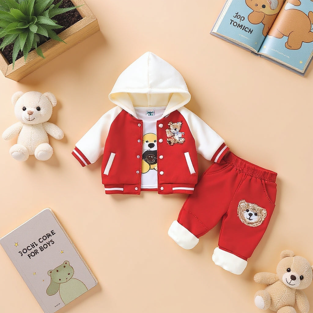 🧸 Cute Teddy Hoodie Boys 3-Piece Co-ord Set 👕✨