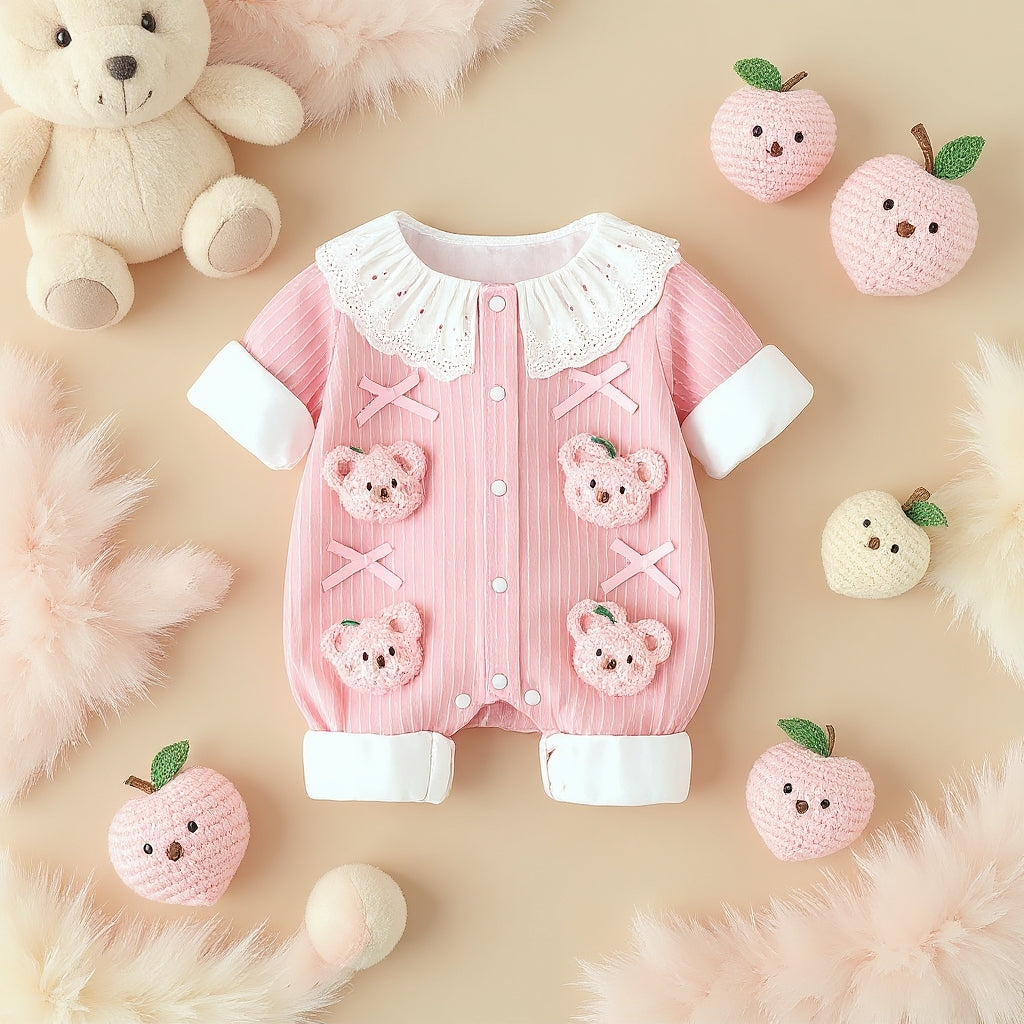 Summer Journey Baby Romper – Pink, Light Yellow & Beige Cute Teddy Cotton Outfit