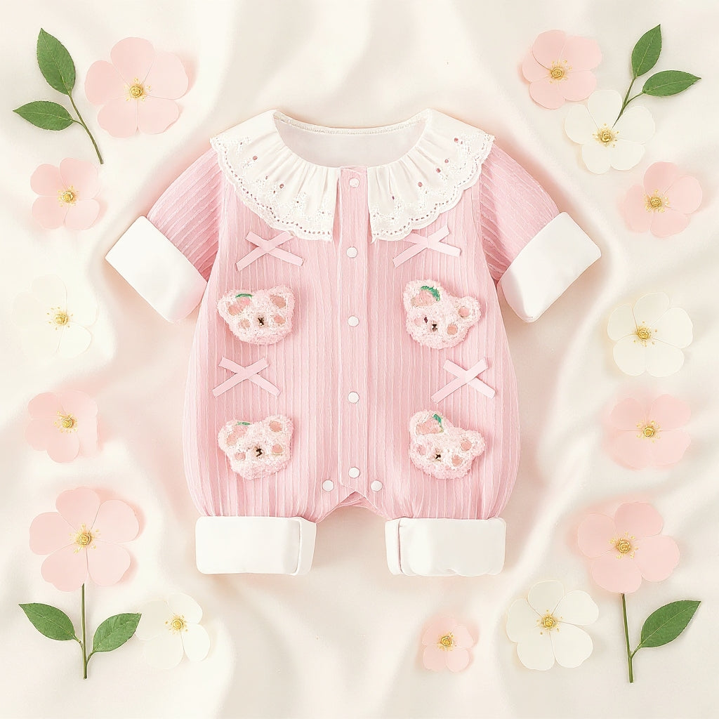 Summer Journey Baby Romper – Pink, Light Yellow & Beige Cute Teddy Cotton Outfit