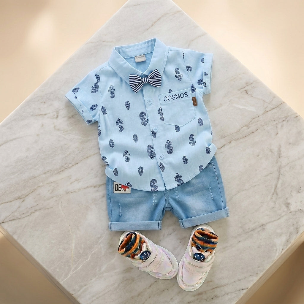 Baby Boys Formal Summer Outfit Set with Bow Tie & Shorts – Available in White, Black & Sky Blue