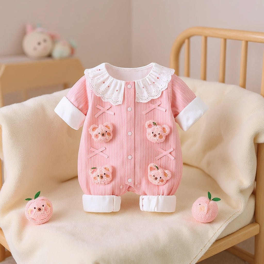 Summer Journey Baby Romper – Pink, Light Yellow & Beige Cute Teddy Cotton Outfit