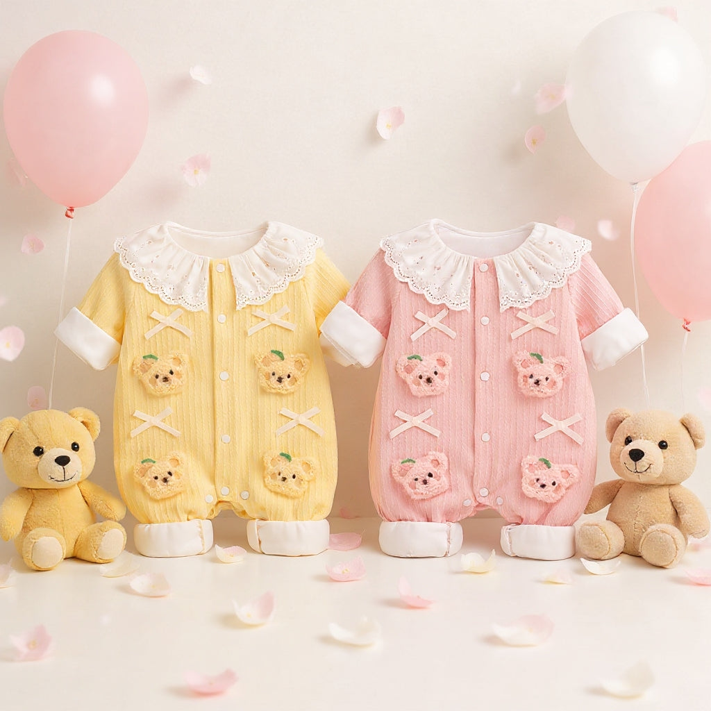 Summer Journey Baby Romper – Pink, Light Yellow & Beige Cute Teddy Cotton Outfit