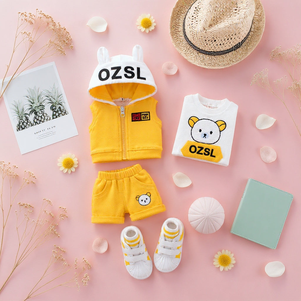 🐻 3PCS Baby Clothing Set – Bunny Ear Hoodie Vest, Cute Bear T-Shirt & Soft Shorts Set for Baby Boys & Girls 💛