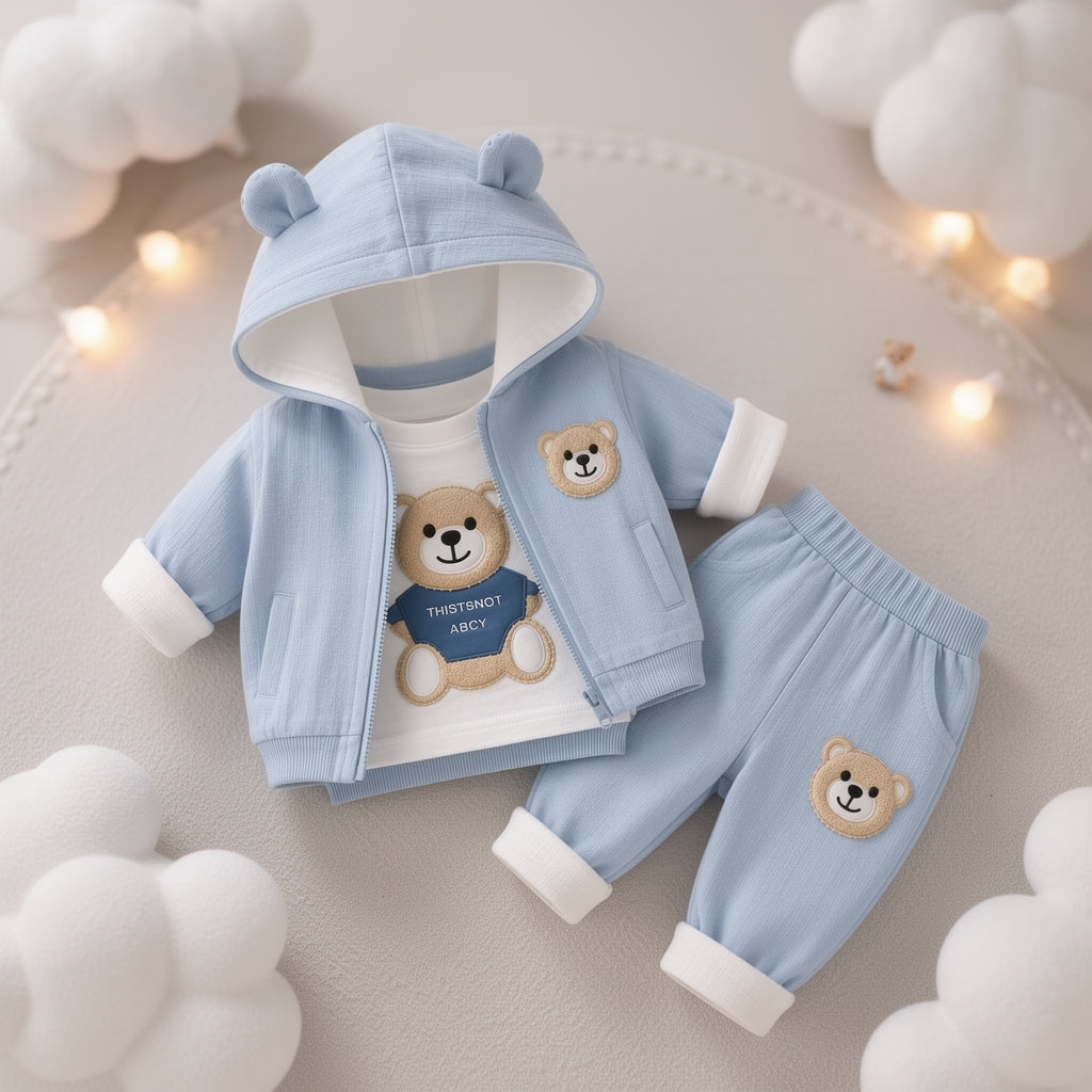 🧸 Cute Bear Hoodie 3-Piece Baby Clothing Set | Soft Cotton Blend Jacket, T-Shirt & Jogger Pant | Premium Kids Outfit | Unisex | All Season Wear (0-5 Years)