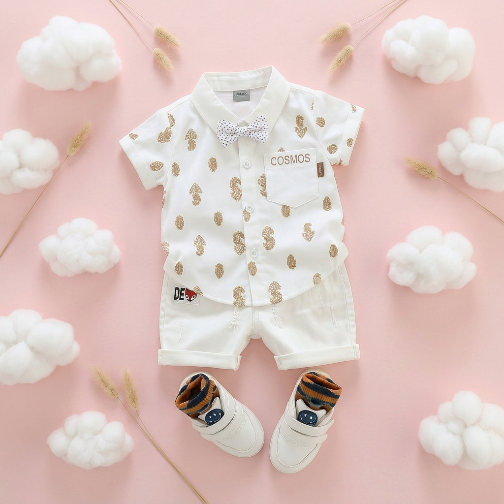 Baby Boys Formal Summer Outfit Set with Bow Tie & Shorts – Available in White, Black & Sky Blue