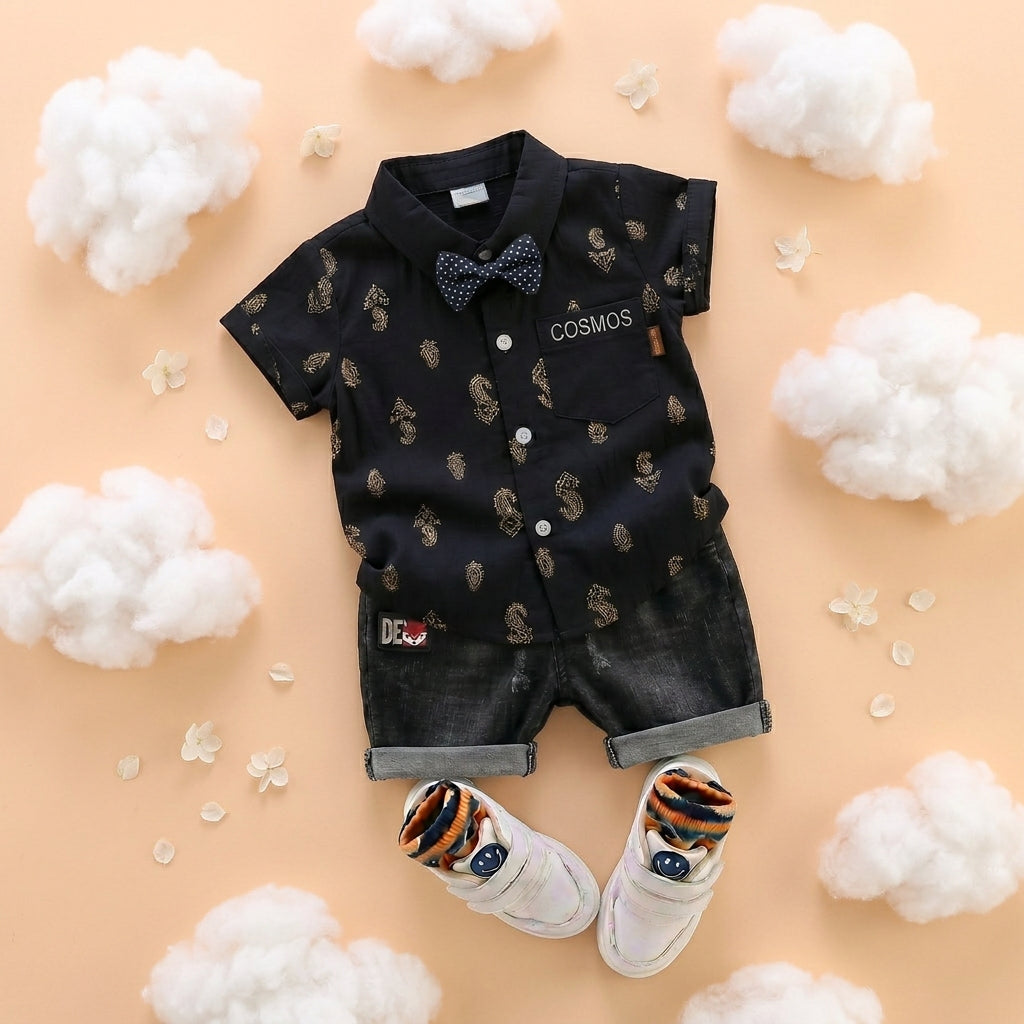 Baby Boys Formal Summer Outfit Set with Bow Tie & Shorts – Available in White, Black & Sky Blue