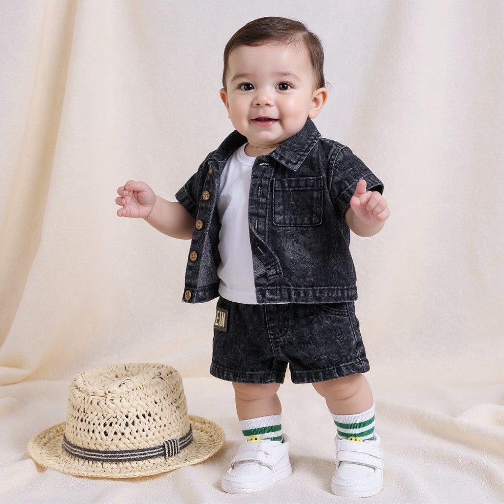 Baby & Kids Denim Co-ord Set | Shirt + T-Shirt + Shorts | Unisex (8M–5Y)