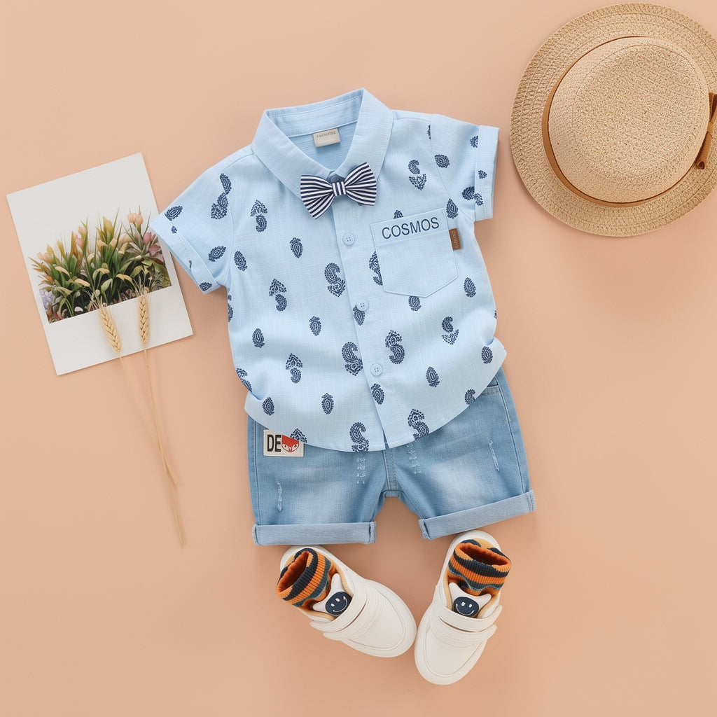 Baby Boys Formal Summer Outfit Set with Bow Tie & Shorts – Available in White, Black & Sky Blue