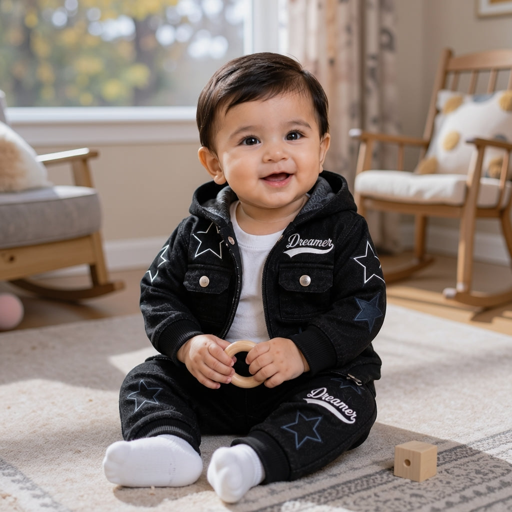 Dreamer Star Denim Jacket & Pants Set for Baby Boys 🌟 Premium 3-Piece Co-ord Set | 4 Colors Available