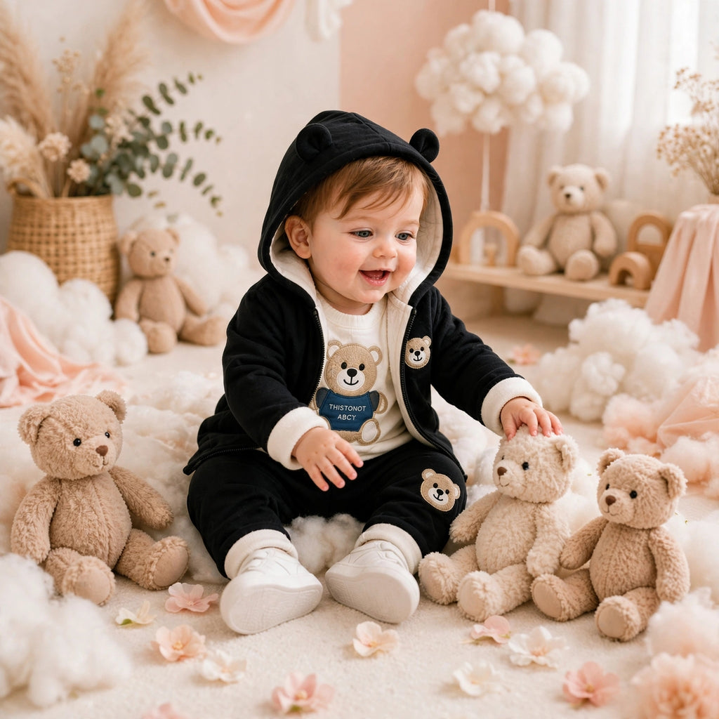 🧸 Cute Bear Hoodie 3-Piece Baby Clothing Set | Soft Cotton Blend Jacket, T-Shirt & Jogger Pant | Premium Kids Outfit | Unisex | All Season Wear (0-5 Years)