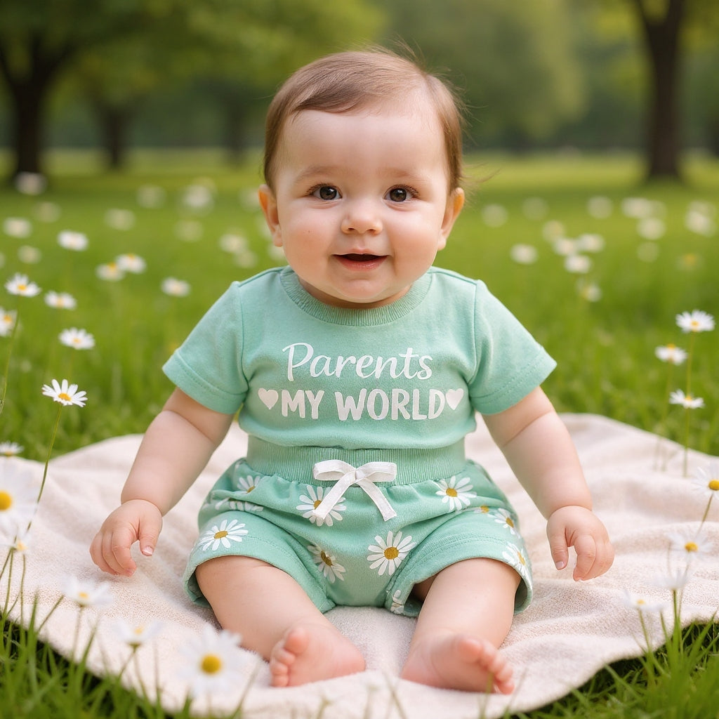 🌸 Parents My World Kids Summer Co-Ord Set 💖 | Soft Cotton T-Shirt & Daisy Shorts Combo (3 Colors, 0–5 Years)
