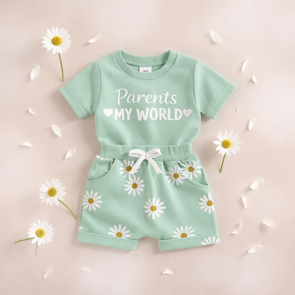 🌸 Parents My World Kids Summer Co-Ord Set 💖 | Soft Cotton T-Shirt & Daisy Shorts Combo (3 Colors, 0–5 Years)