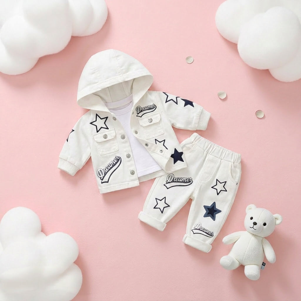 Dreamer Star Denim Jacket & Pants Set for Baby Boys 🌟 Premium 3-Piece Co-ord Set | 4 Colors Available