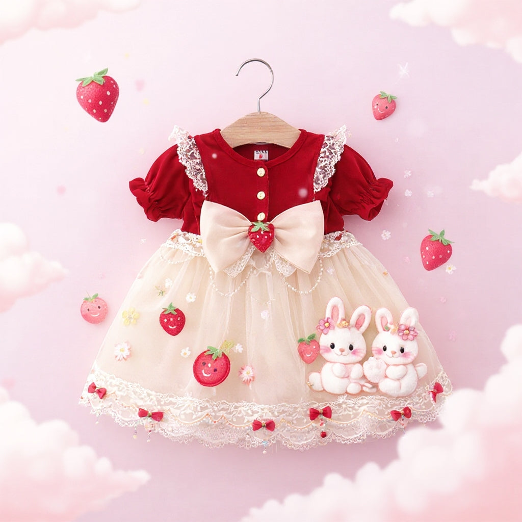 🍓 Cute Bunny Strawberry Baby Girl Party Dress 🎀
