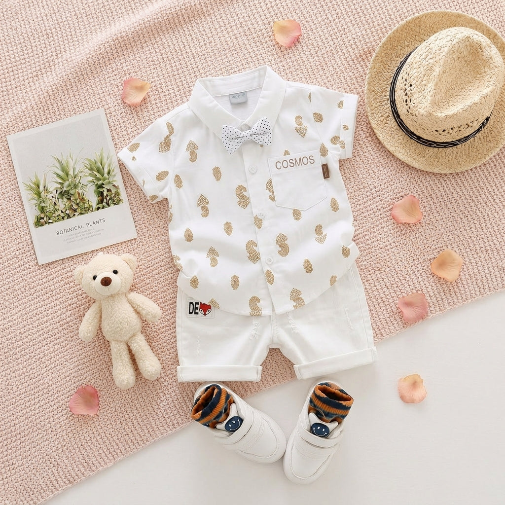 Baby Boys Formal Summer Outfit Set with Bow Tie & Shorts – Available in White, Black & Sky Blue