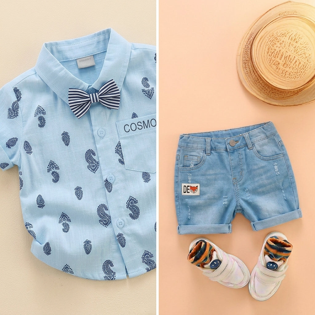 Baby Boys Formal Summer Outfit Set with Bow Tie & Shorts – Available in White, Black & Sky Blue