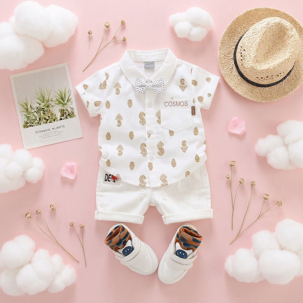 Baby Boys Formal Summer Outfit Set with Bow Tie & Shorts – Available in White, Black & Sky Blue