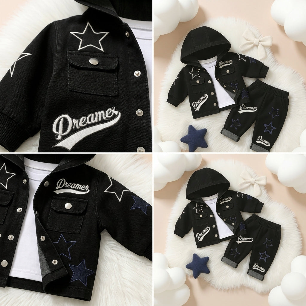Dreamer Star Denim Jacket & Pants Set for Baby Boys 🌟 Premium 3-Piece Co-ord Set | 4 Colors Available