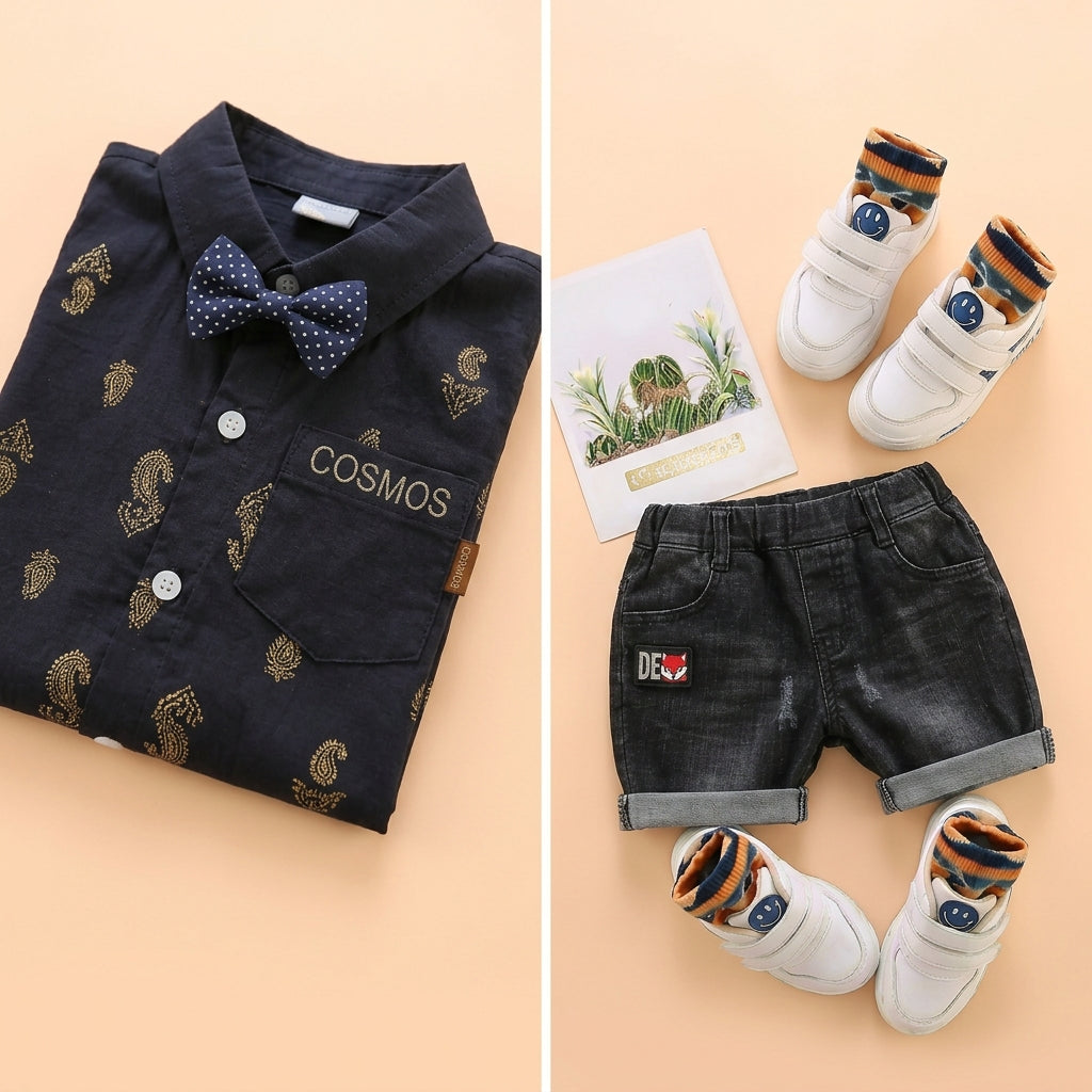 Baby Boys Formal Summer Outfit Set with Bow Tie & Shorts – Available in White, Black & Sky Blue