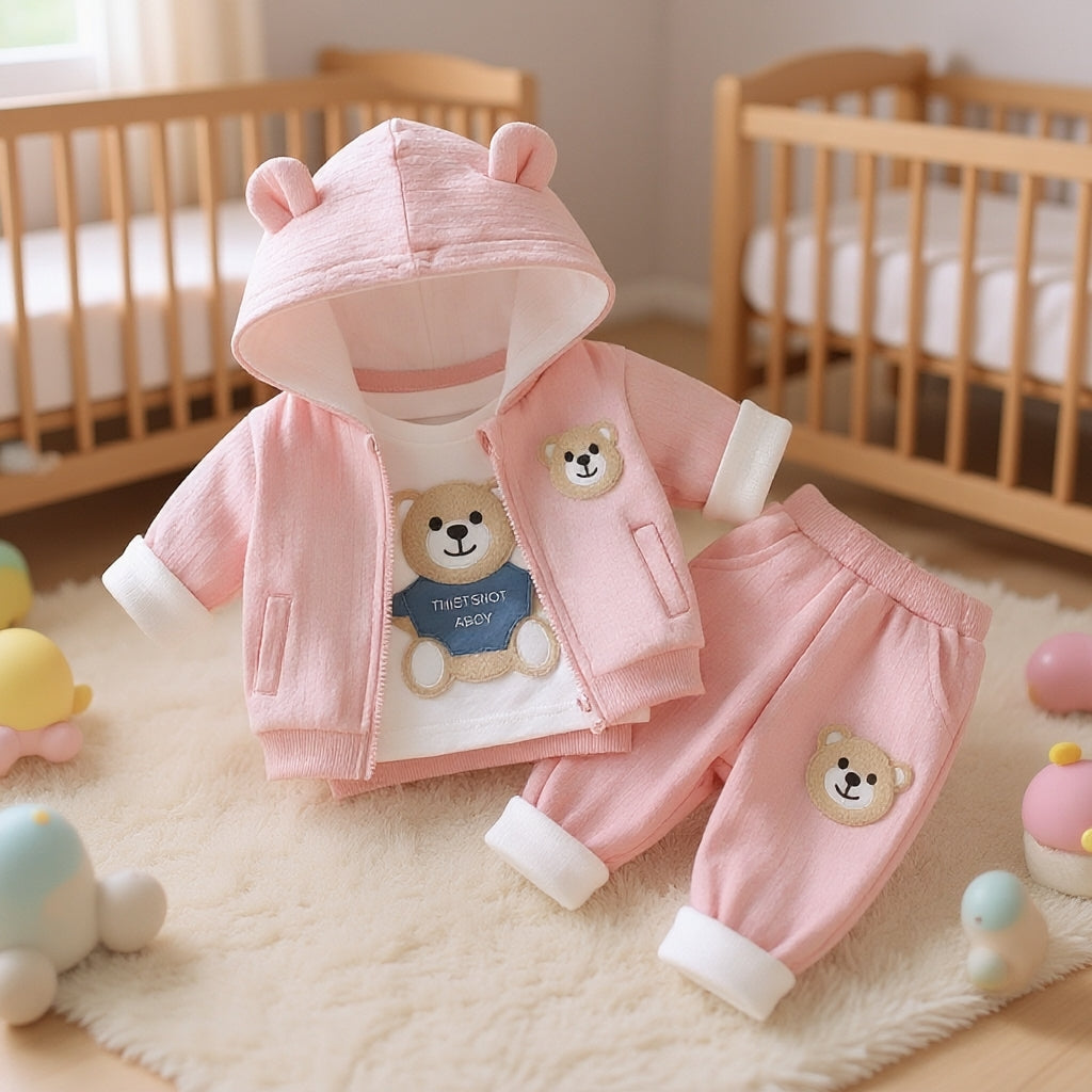 🧸 Cute Bear Hoodie 3-Piece Baby Clothing Set | Soft Cotton Blend Jacket, T-Shirt & Jogger Pant | Premium Kids Outfit | Unisex | All Season Wear (0-5 Years)