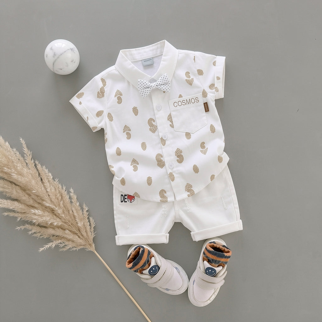Baby Boys Formal Summer Outfit Set with Bow Tie & Shorts – Available in White, Black & Sky Blue