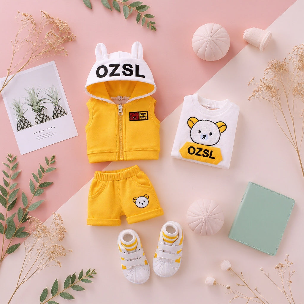 🐻 3PCS Baby Clothing Set – Bunny Ear Hoodie Vest, Cute Bear T-Shirt & Soft Shorts Set for Baby Boys & Girls 💛