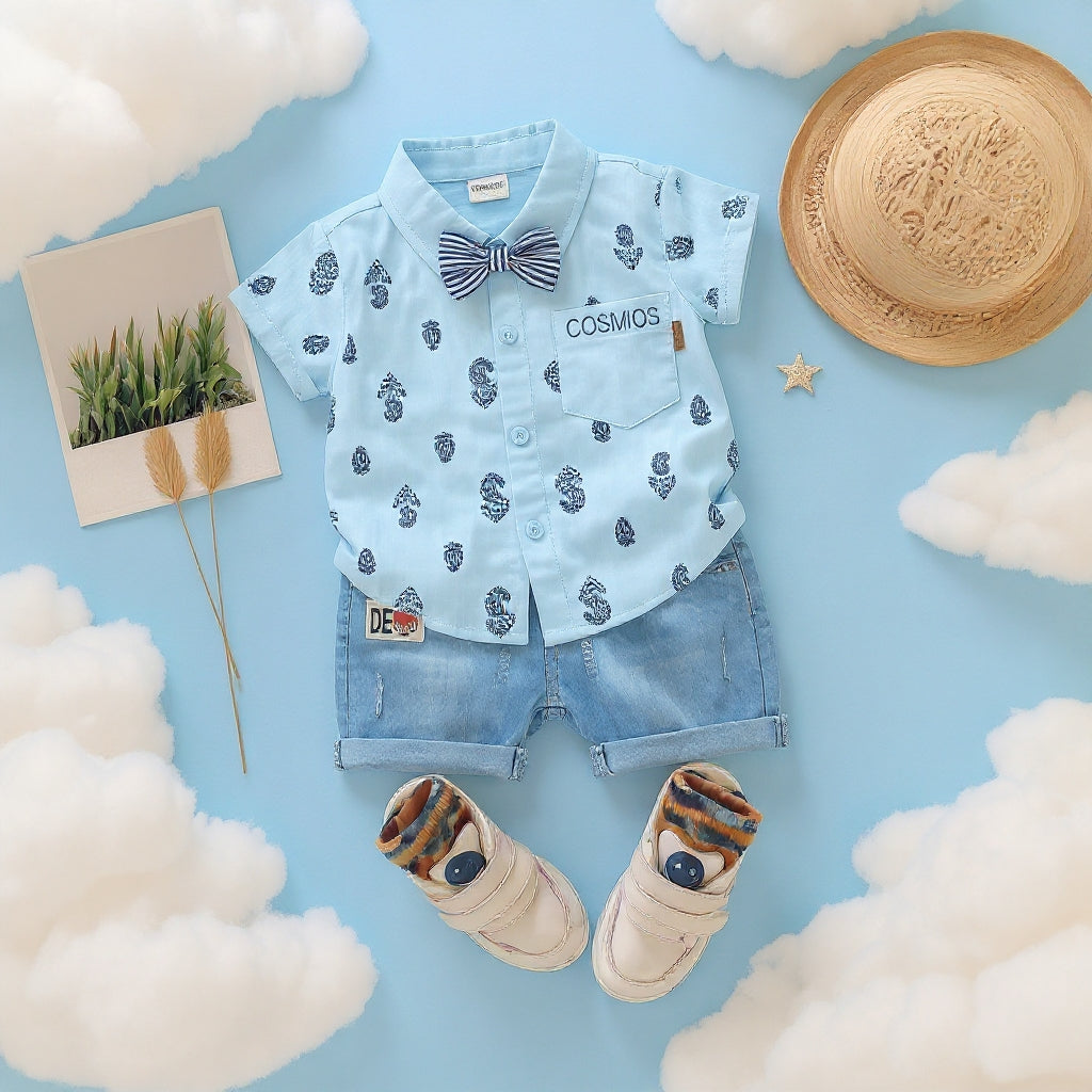 Baby Boys Formal Summer Outfit Set with Bow Tie & Shorts – Available in White, Black & Sky Blue